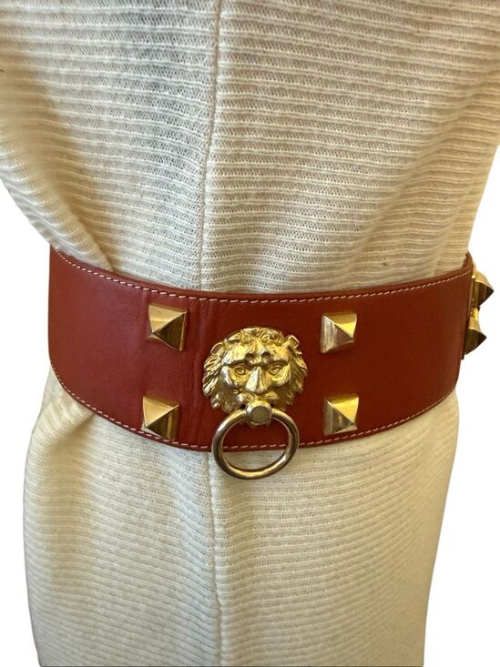 Vintage Varlet de Lagrange Leather Belt Statement Gold Metal Lion Head Sz S/M main image 12